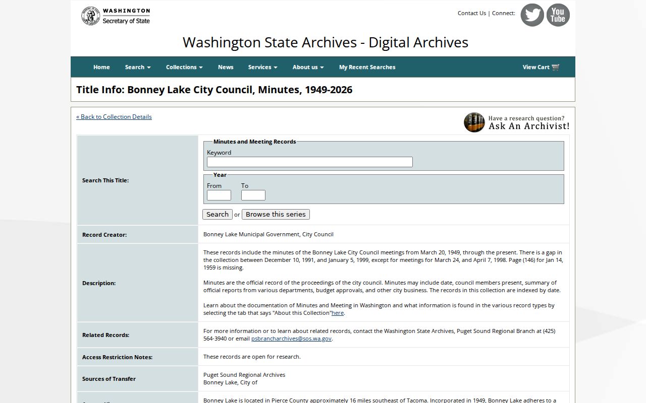 Bonney Lake city directory research in the Digital Archives minutes collection