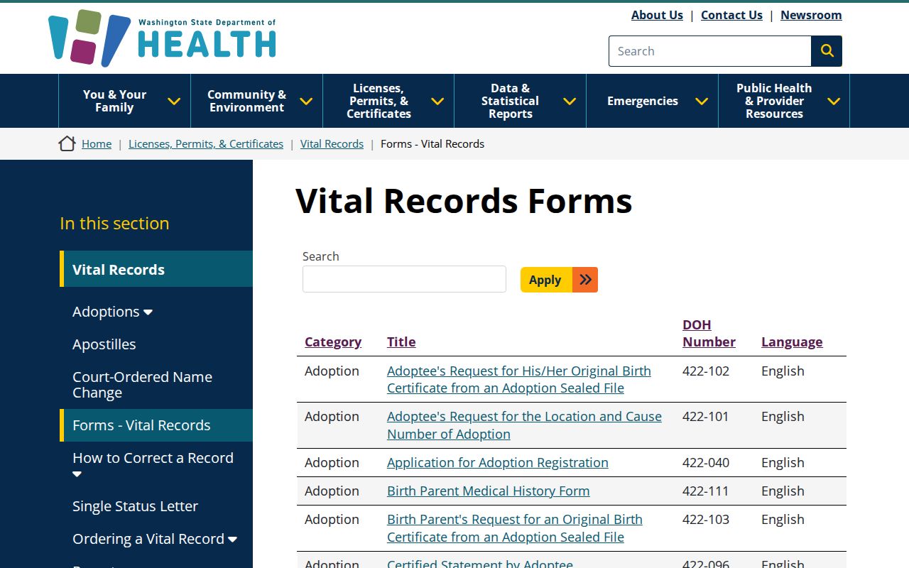 Washington vital records forms used to verify Bonney Lake life events