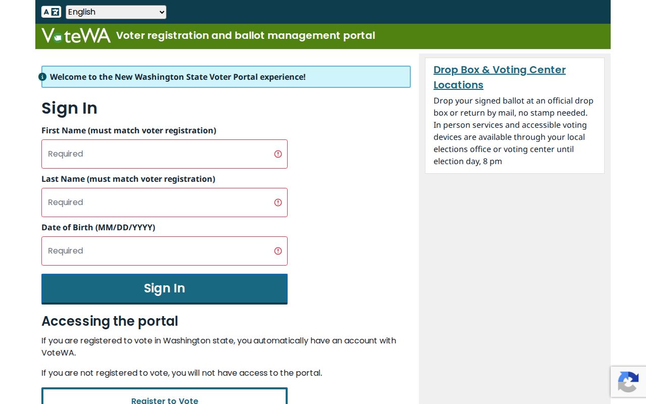 VoteWA self-service login fields for Bonney Lake voters