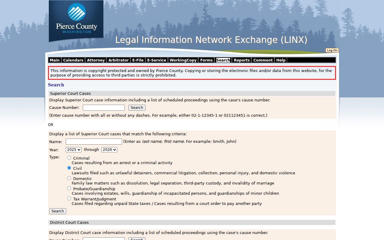 Pierce County LINX court search for a Bonney Lake resident lookup