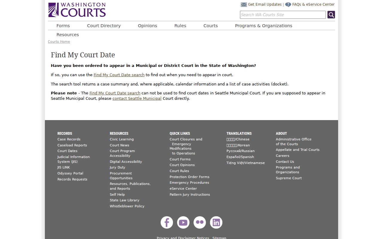 Washington Find My Court Date page for a Bonney Lake resident lookup
